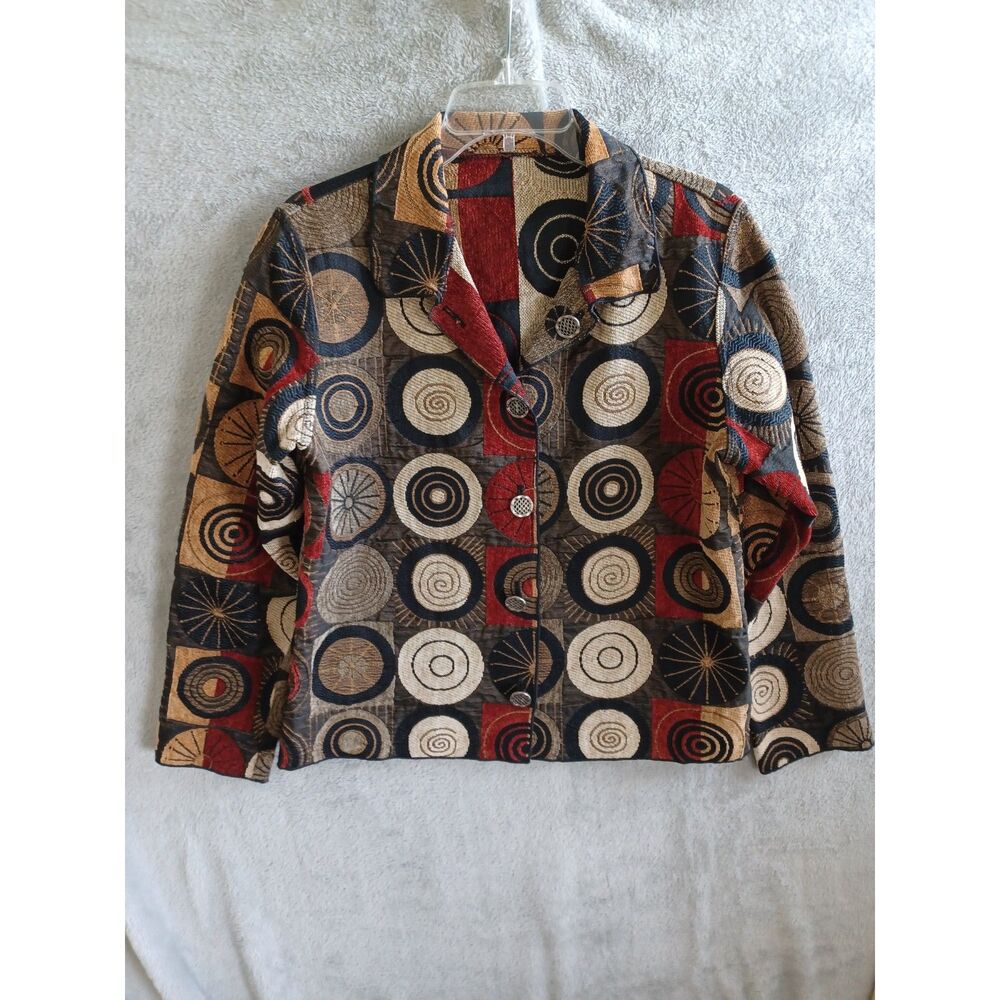 Winding River Sz M Mod Artsy Reversible Jacket Geometric Made Usa Red‎ Black Tan